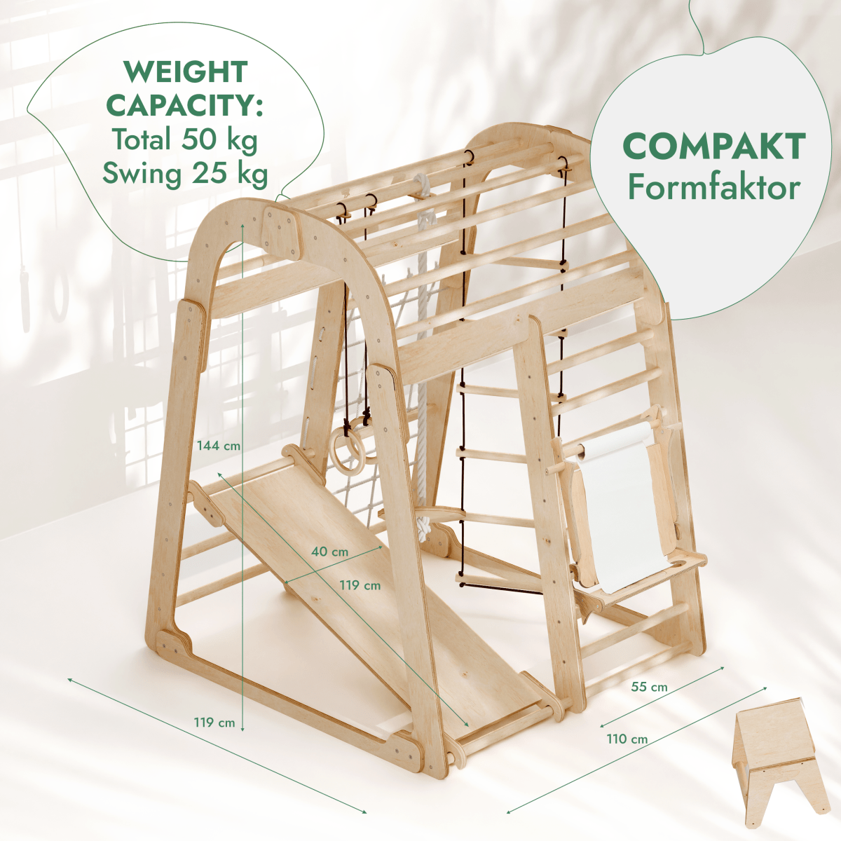 The Indoor Playground for Children is a 7in1 set featuring a playground, swing, slide board, and art set. Sized 119x119x119 cm; slide: 144x40 cm; stool: 55x35 cm. Max weight: 50 kg (swing: 25 kg). Perfect for active indoor fun!.