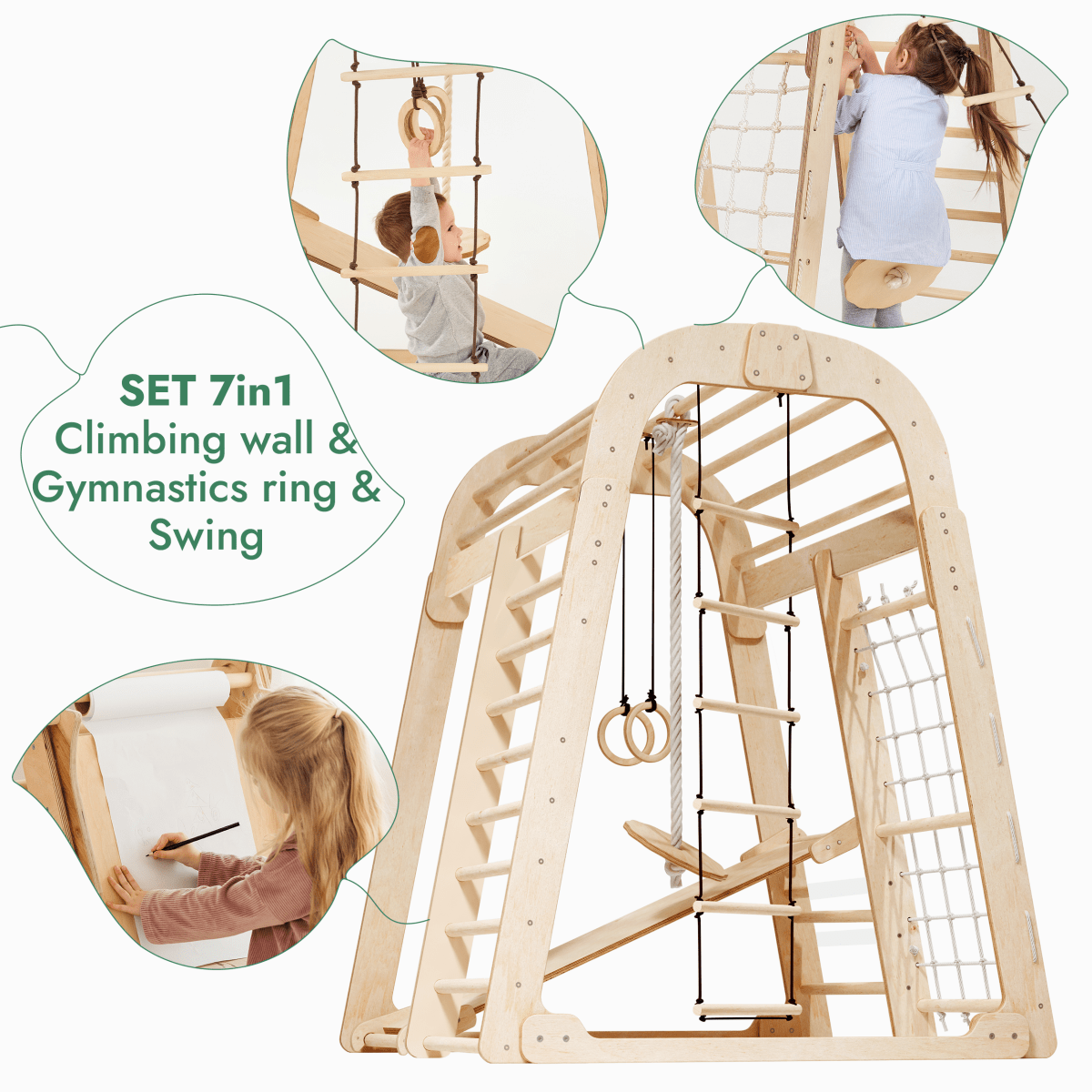 Indoor Playground for Children—7in1 Playground with swings, slide board, and art set. Four kids enjoy climbing, swinging, and creating—perfect for fun indoor play! Text: 7in1 Playground + Swings Set + Slide Board + Art Set.