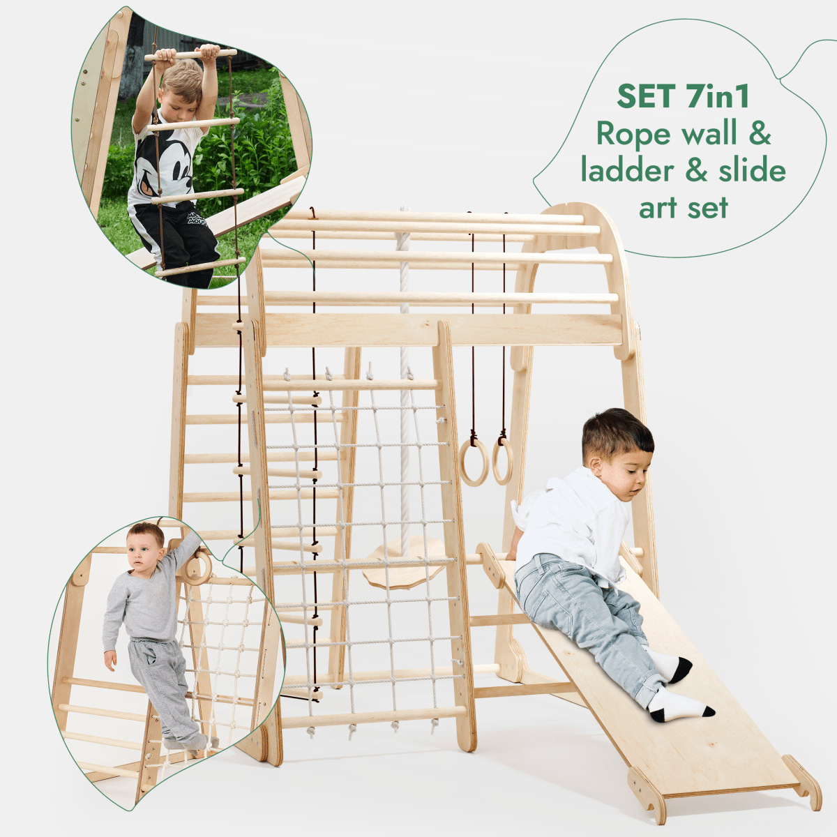 The Indoor Playground for Children - 7in1 Playground features a Montessori climbing structure with rope wall, ladder, gym rings, slide, swings set, and art set. Two boys play—one climbs the rope while another slides down.