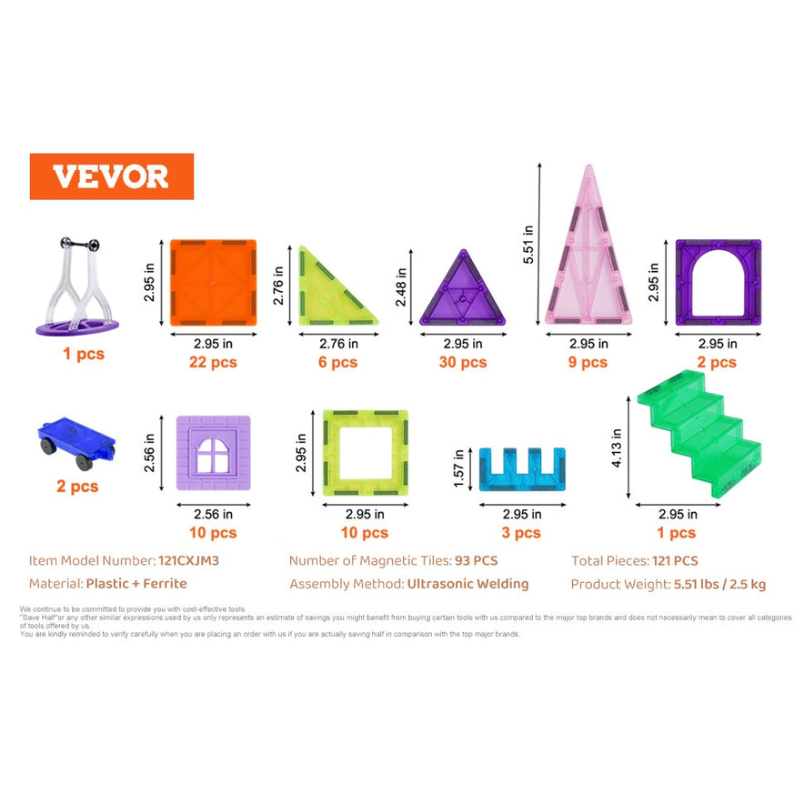 The image showcases a colorful VEVOR 121PCS Magnetic Building Blocks Set, featuring squares, triangles, and arches with size details. The Vevor logo appears in the top left corner, offering creative minds a fun exploration of magnetic sheet tiles. Perfect for children who enjoy construction puzzles!.