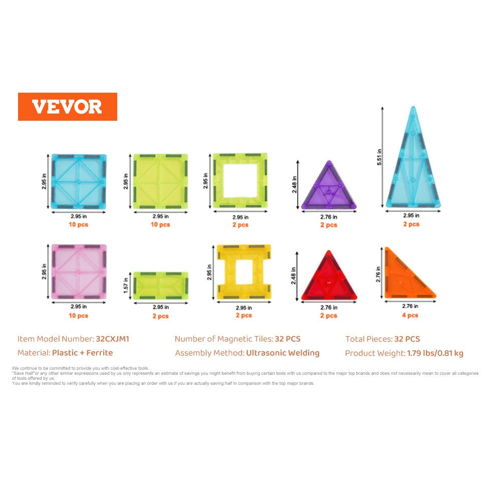 Image of the VEVOR 32PCS Colorful Magnetic Building Tiles Set, displaying squares, triangles, and rectangles in assorted colors. Packaging emphasizes product details and durable plastic design of this engaging STEM educational stacking toy for kids.