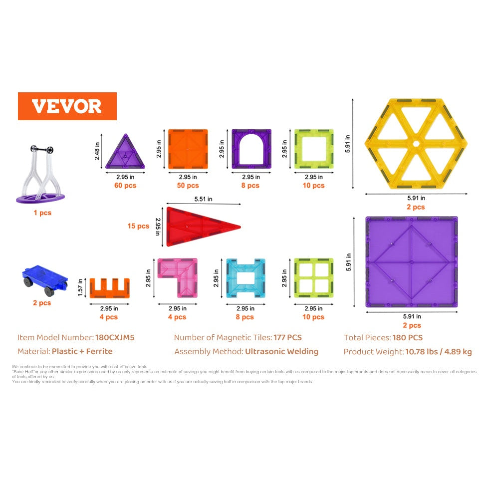 Image showcasing the VEVOR 180PCS Magnetic Tile Building Set, an educational toy ideal for STEM learning. Comprising 177 magnetic tiles made from durable plastic with ultrasonic welding, it includes squares, triangles, pentagons, and a large hexagon. Total pieces: 180.