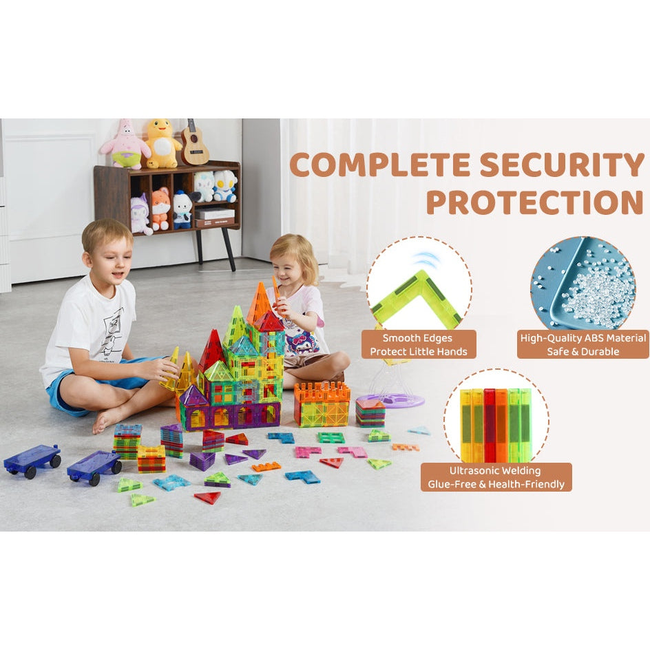 Two children play on the floor with the VEVOR 180PCS Magnetic Tile Building Set, featuring colorful, smooth-edged tiles made from high-quality ABS for STEM learning. Safety is ensured by ultrasonic welding, with toys and shelves in the background completing an educational scene.