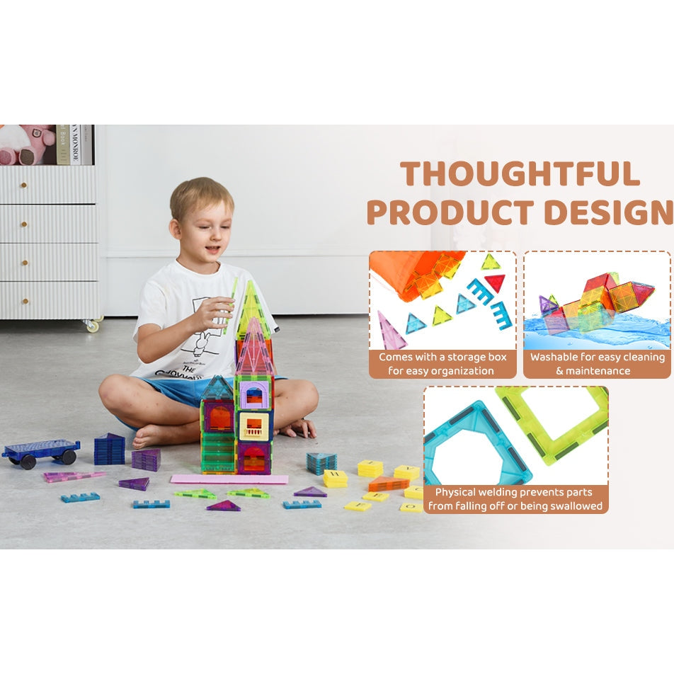 A child builds a tower with the VEVOR 121PCS Magnetic Building Blocks Set, featuring colorful tiles. The set includes a storage box for organization, washable surfaces, and a design that ensures pieces wont fall off or be swallowed.