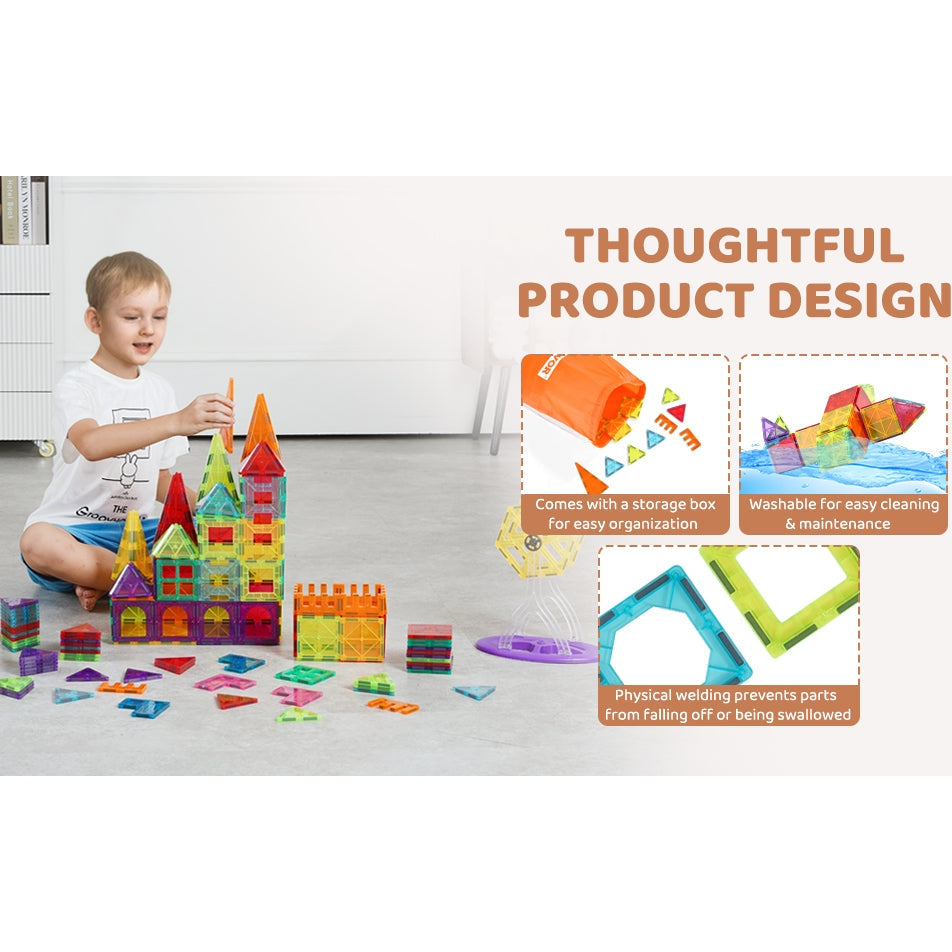 A child builds a castle with the VEVOR 180PCS Magnetic Tile Building Set, an educational toy featuring safety welding to prevent detachment, a storage box for organization, and washable parts for easy cleaning, enhancing STEM learning.