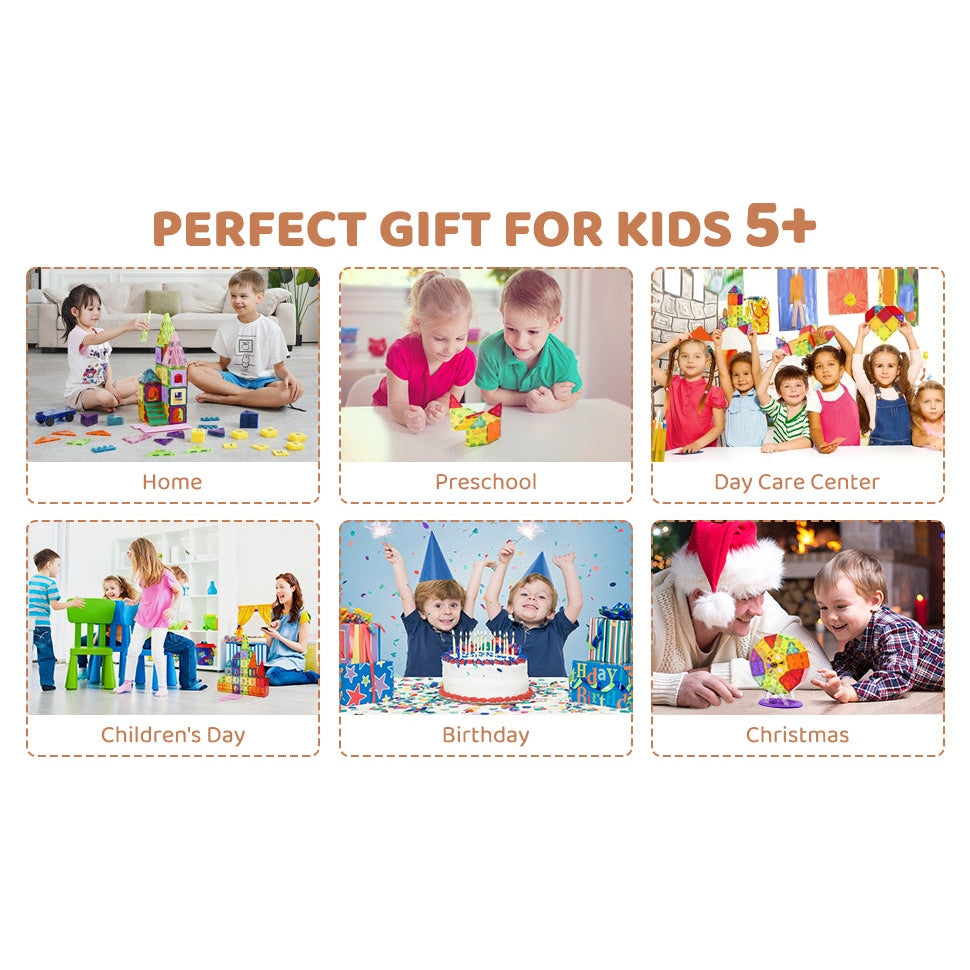 Collage of six images under the title Perfect Gift for Kids 5+. Scenes include playtime at home with VEVOR 121PCS Magnetic Building Blocks Set, preschool, daycare center, Childrens Day celebration, birthday party, and Christmas with a Santa figure.