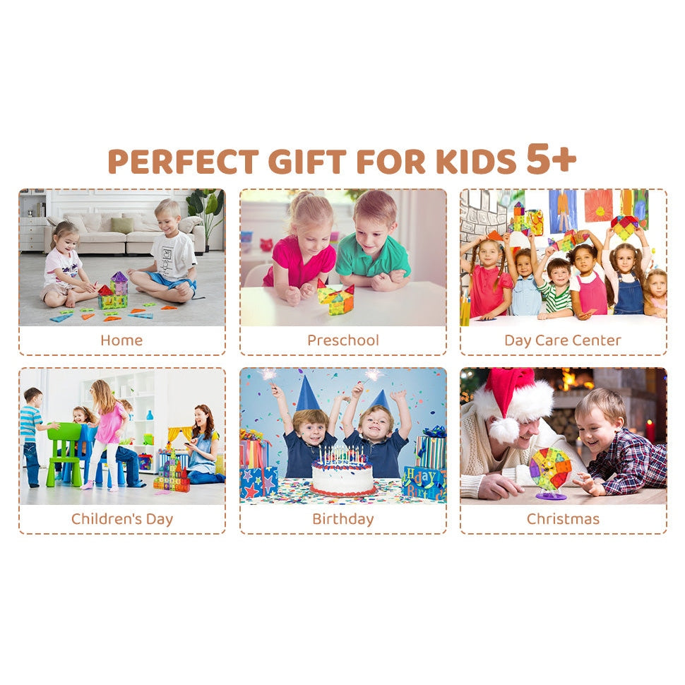 Collage titled Perfect Gift for Kids 5+ featuring the VEVOR 32PCS Colorful Magnetic Building Tiles Set: kids playing with durable toys at home, in preschool, at a daycare, during Childrens Day, at birthday parties, and building creations with Santa using these STEM educational stacking tiles during Christmas.