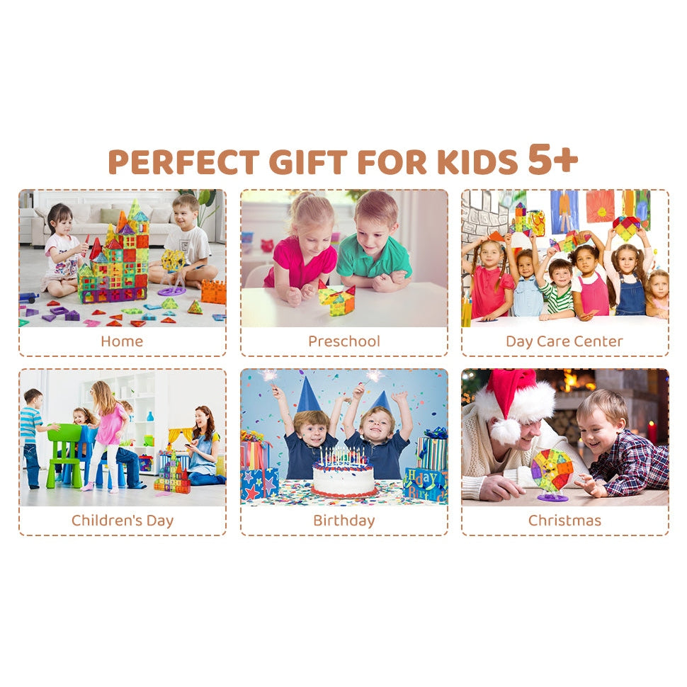 Image displays six photos of children enjoying and celebrating, labeled: Home with kids using VEVOR 180PCS Magnetic Tile Building Set, Preschool, Day Care Center, Childrens Day, Birthday with a cake, and Christmas with Santa. Text above: Perfect Gift for Kids 5+.