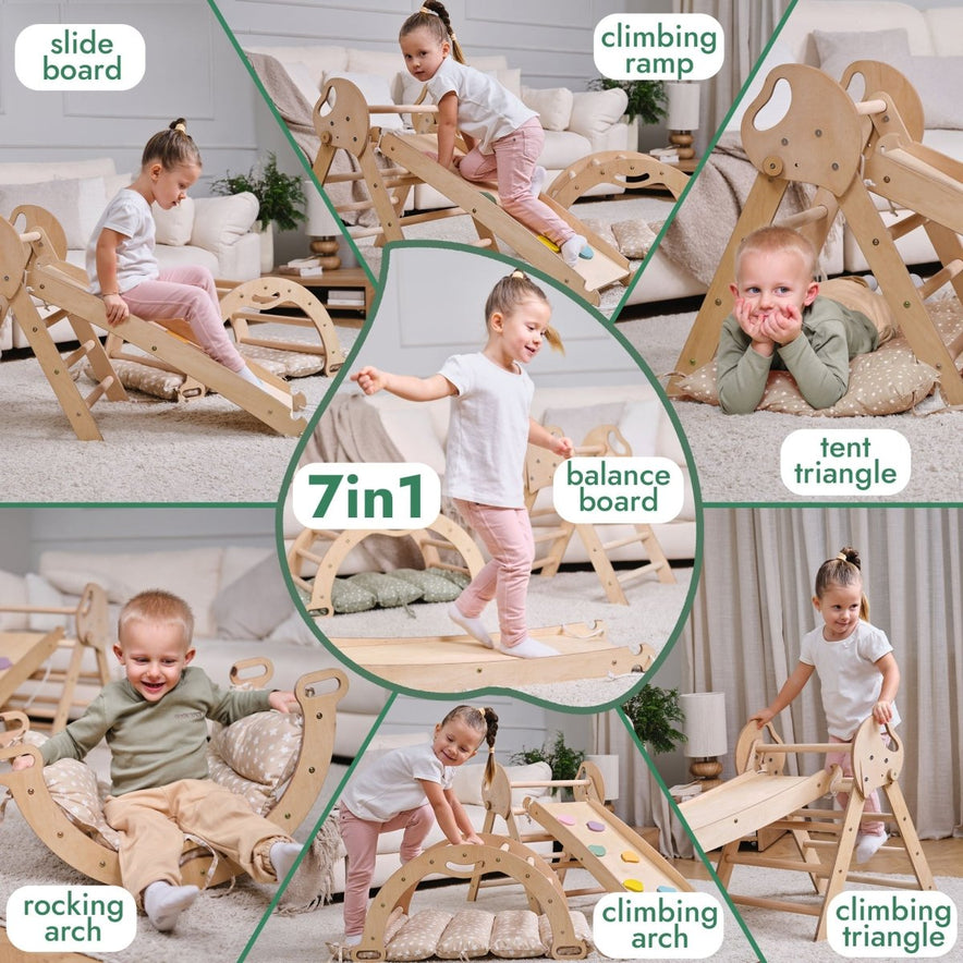 Collage of six images featuring young children playing on the 4in1 Montessori Climbing Set for toddlers (1–3 years), which includes a Pikler triangle, arch, slide board, and cushion.