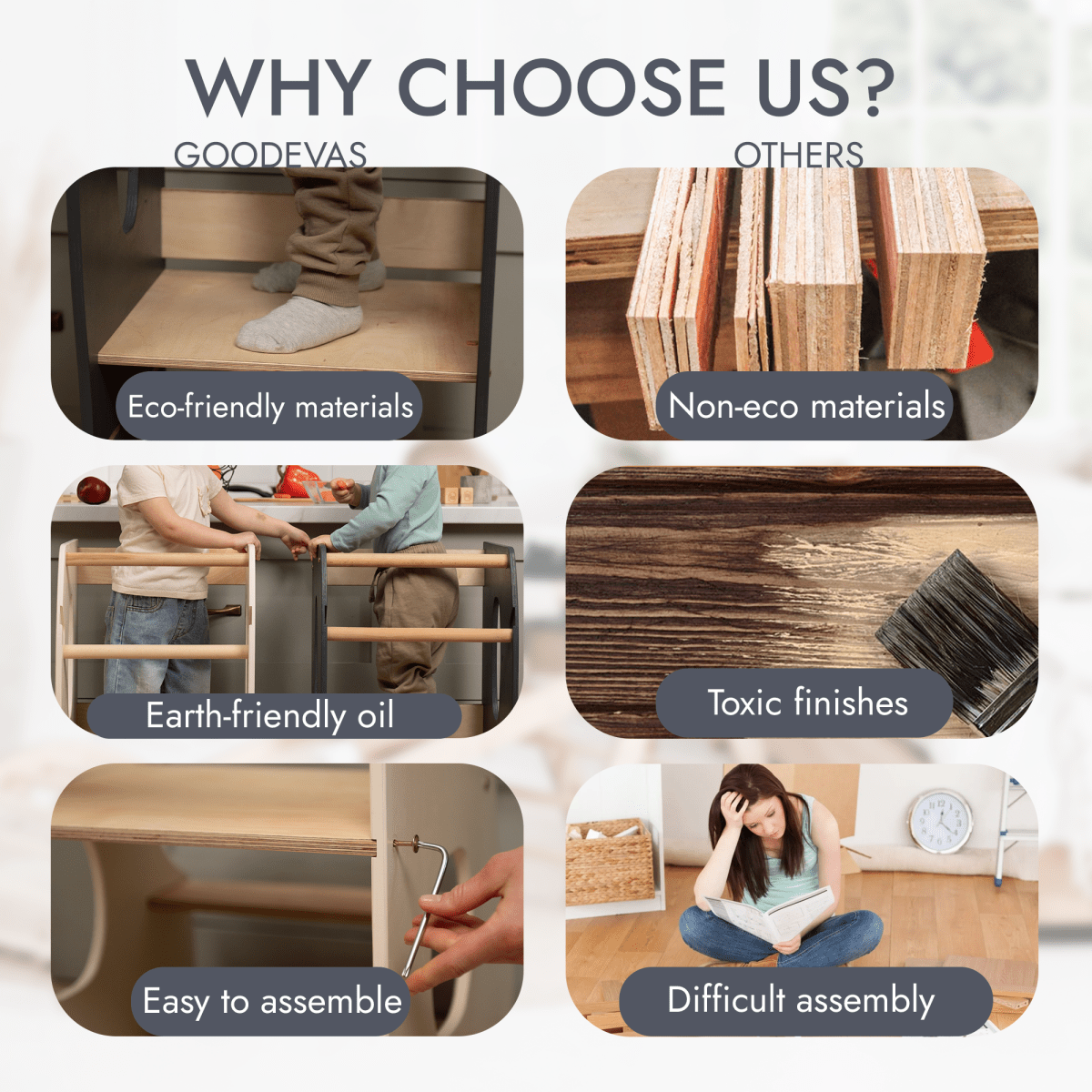 Comparison chart: Stable Montessori Learning Tower vs Others. Our wooden growing chair (Ivory) features natural wood, an adjustable platform, eco-friendly oil, and easy assembly. Others use non-eco materials, toxic finishes, and are hard to assemble. Images highlight features.