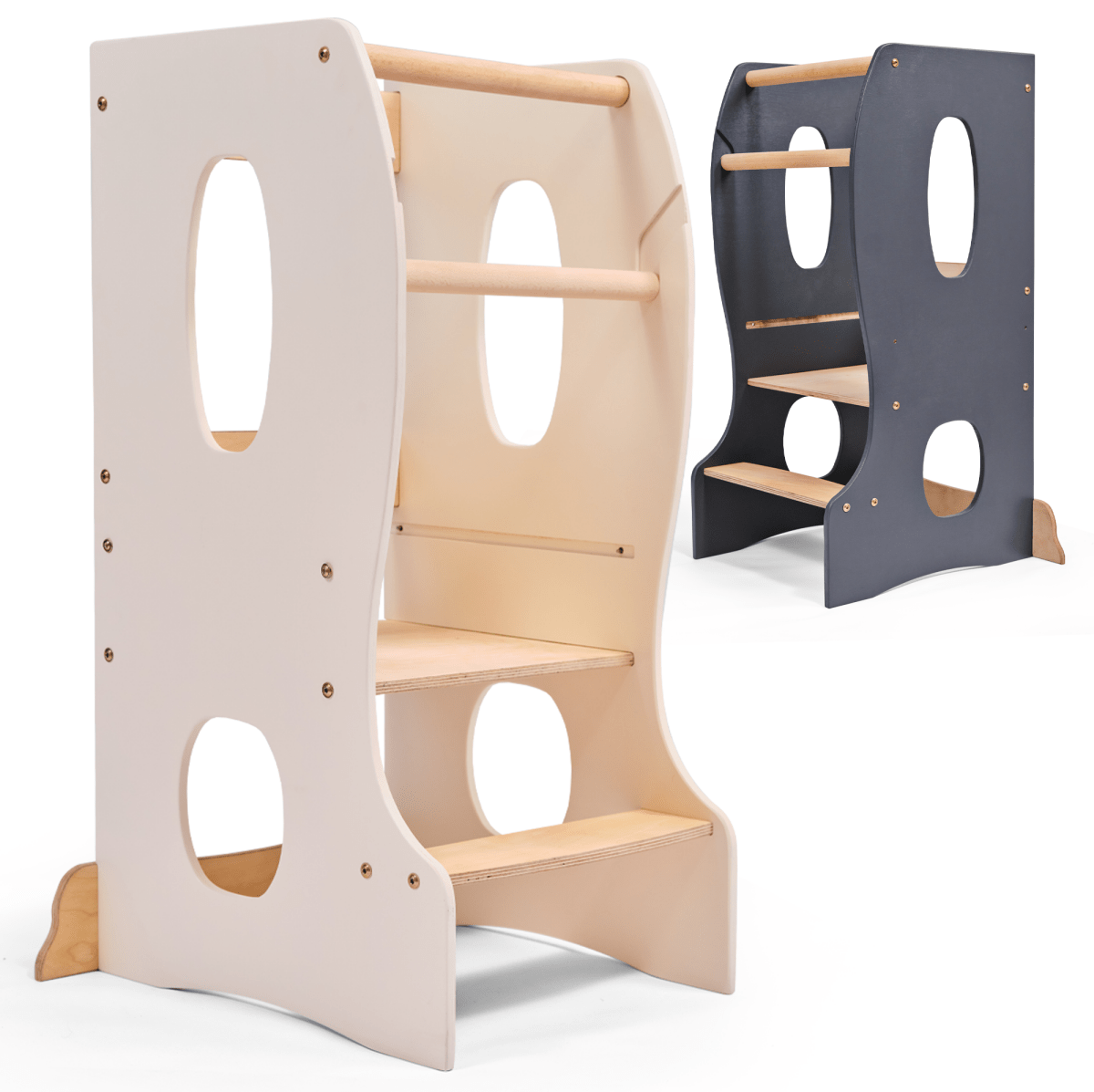 The Stable Montessori Learning Tower: Wooden Growing Chair - Ivory is crafted from natural wood with steps, safety rails, and an adjustable platform to help children safely reach countertops.