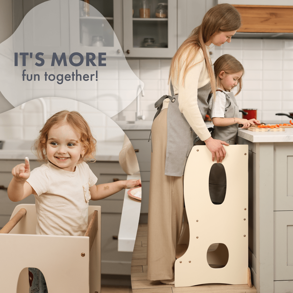 A mother and two kids cook in the kitchen. One stands on the Stable Montessori Learning Tower: Wooden Growing Chair - Ivory, helping at the counter, while the other smiles and points. Text reads, ITS MORE fun together!.