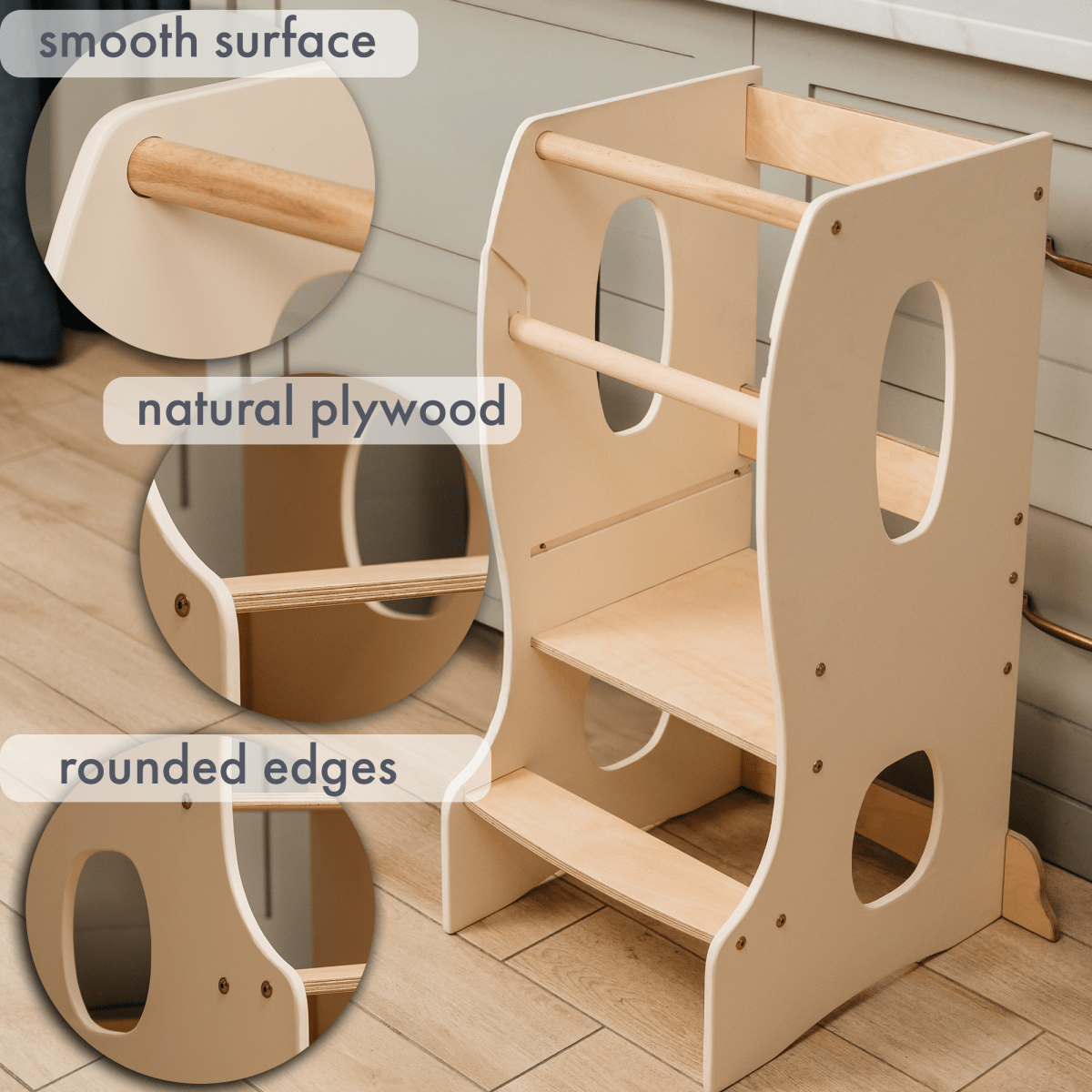 The Stable Montessori Learning Tower: Wooden Growing Chair - Ivory features an adjustable platform, rounded edges, and smooth surfaces, shown in close-up circles while resting on a kitchen floor.