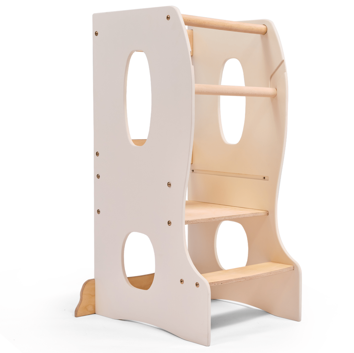 The Stable Montessori Learning Tower: Wooden Growing Chair - Ivory features natural wood, an adjustable platform, two steps, side cut-out handles, and safety rails. Its light ivory design lets kids safely reach higher surfaces while building independence.