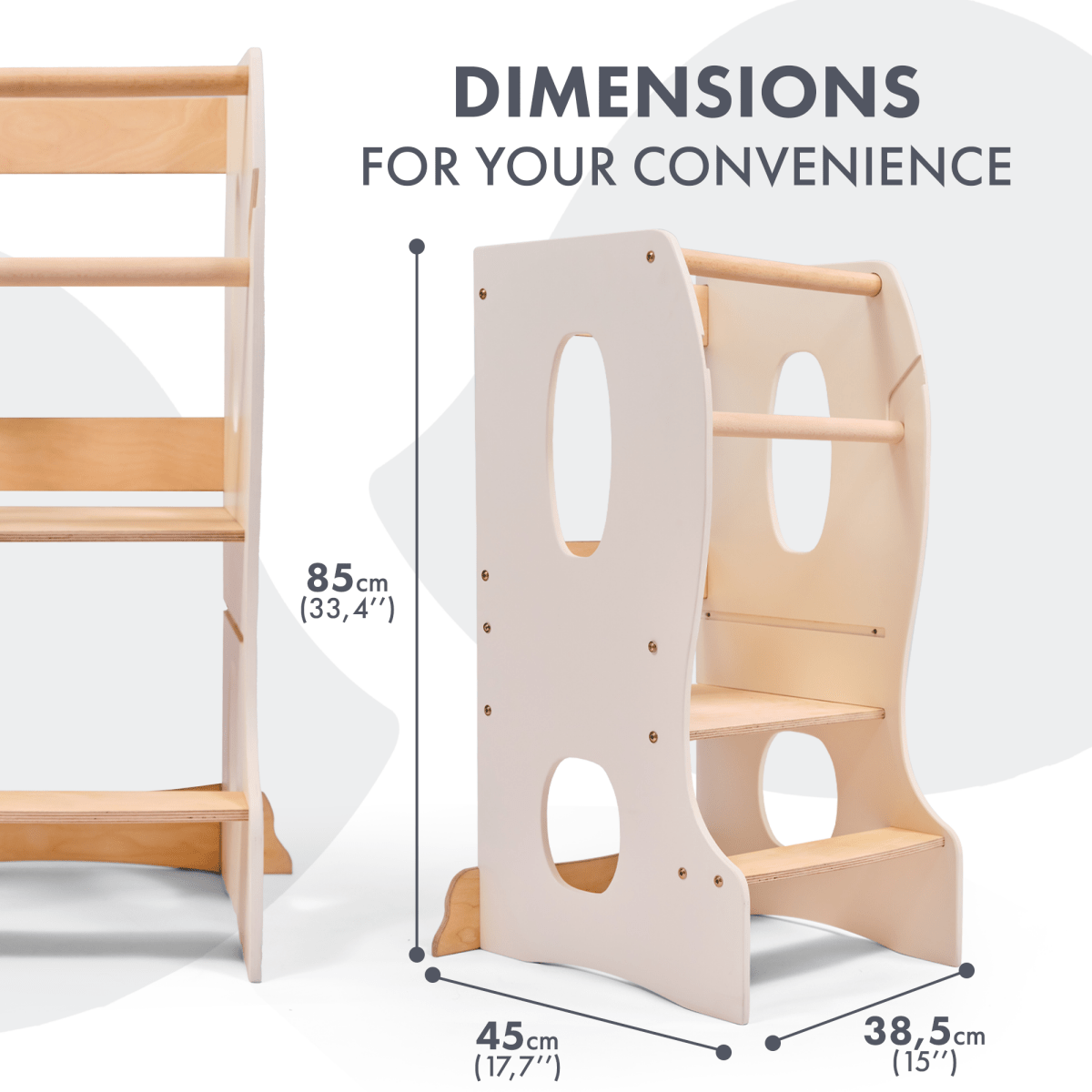 The Stable Montessori Learning Tower: Wooden Growing Chair - Ivory is made from natural wood, has side handles, an adjustable platform, two steps, and measures 85 cm tall, 45 cm wide, and 38.5 cm deep.