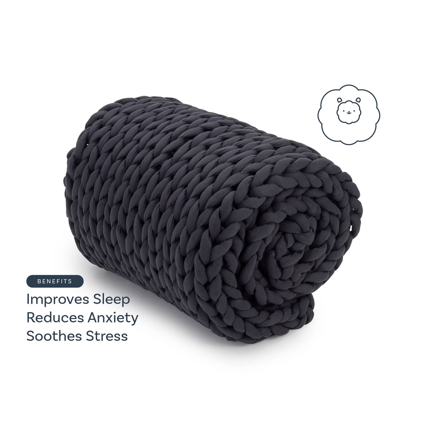 A chunky, dark gray Knit Weighted Blanket is rolled up. Text reads: Benefits—Improves Sleep, Reduces Anxiety, Soothes Stress. A simple bear face illustration appears in the corner.