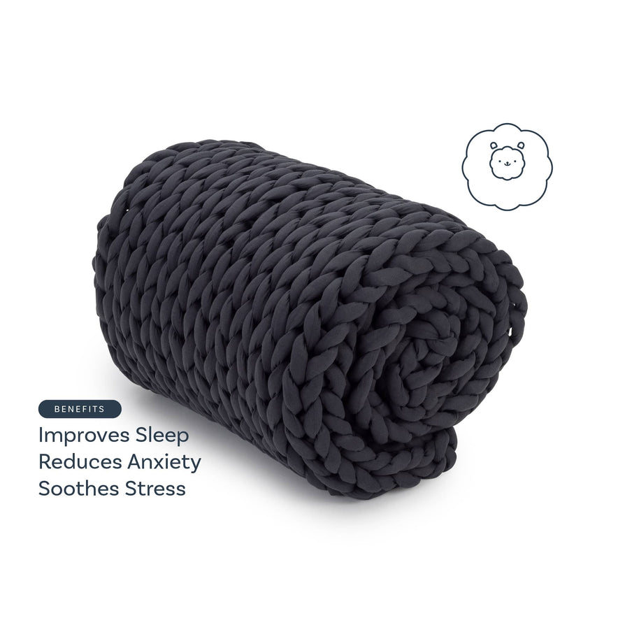 A chunky, dark gray Knit Weighted Blanket is rolled up. Text reads: Benefits—Improves Sleep, Reduces Anxiety, Soothes Stress. A simple bear face illustration appears in the corner.