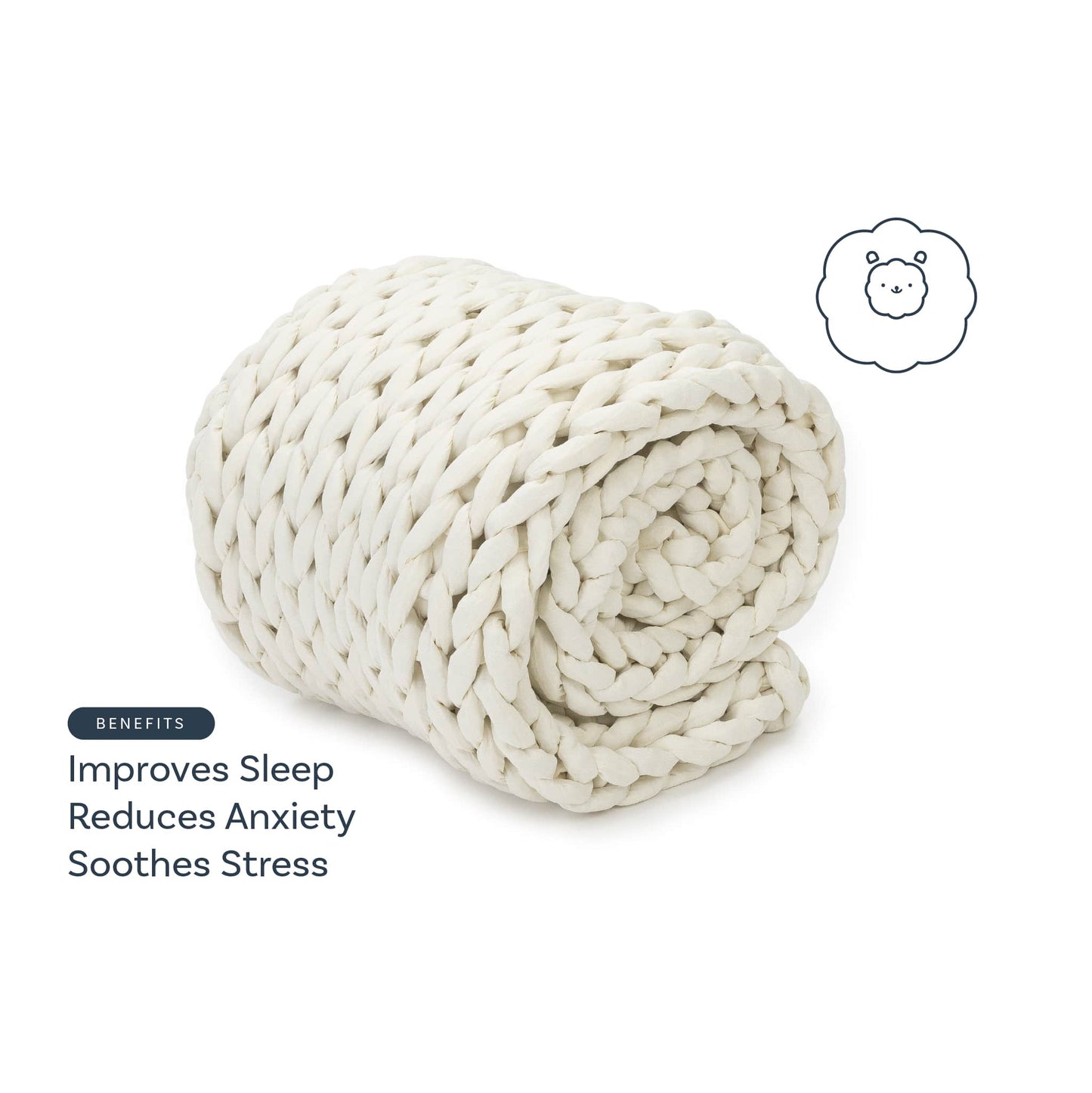 A chunky, white Knit Weighted Blanket is rolled up. Text highlights benefits: Improves Sleep, Reduces Anxiety, Soothes Stress. A simple bear face icon appears in the corner.