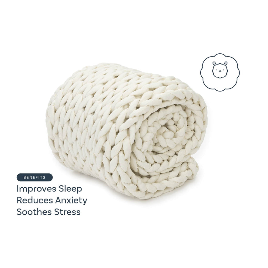 A chunky, white Knit Weighted Blanket is rolled up. Text highlights benefits: Improves Sleep, Reduces Anxiety, Soothes Stress. A simple bear face icon appears in the corner.