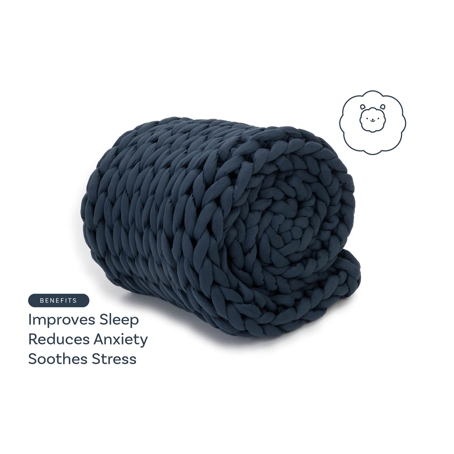 A chunky, dark blue Knit Weighted Blanket, rolled up with a small bear face icon and text: Improves Sleep, Reduces Anxiety, Soothes Stress.
