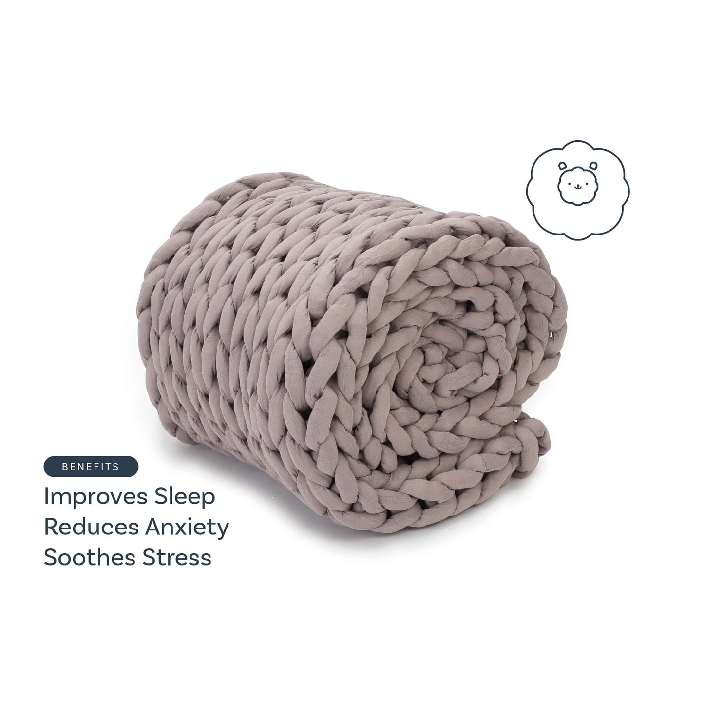 A chunky gray Knit Weighted Blanket is rolled up. Text reads: Improves Sleep, Reduces Anxiety, Soothes Stress. A simple bear face illustration appears in the corner.