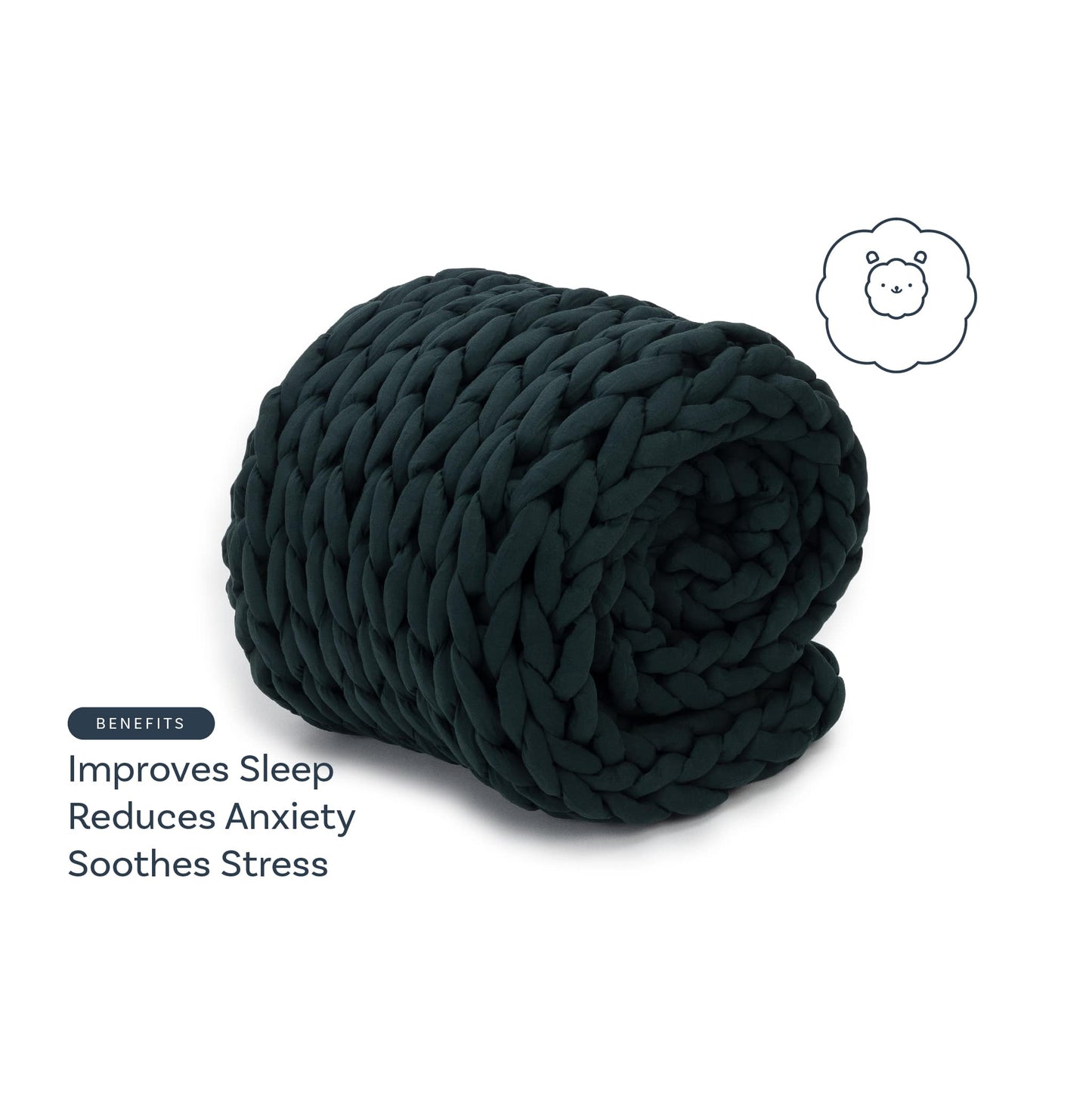 A Knit Weighted Blanket, dark and chunky-knit with a braided design, is rolled up on a white background. Beside it: Improves Sleep, Reduces Anxiety, Soothes Stress. A simple bear face illustration sits above the blanket.