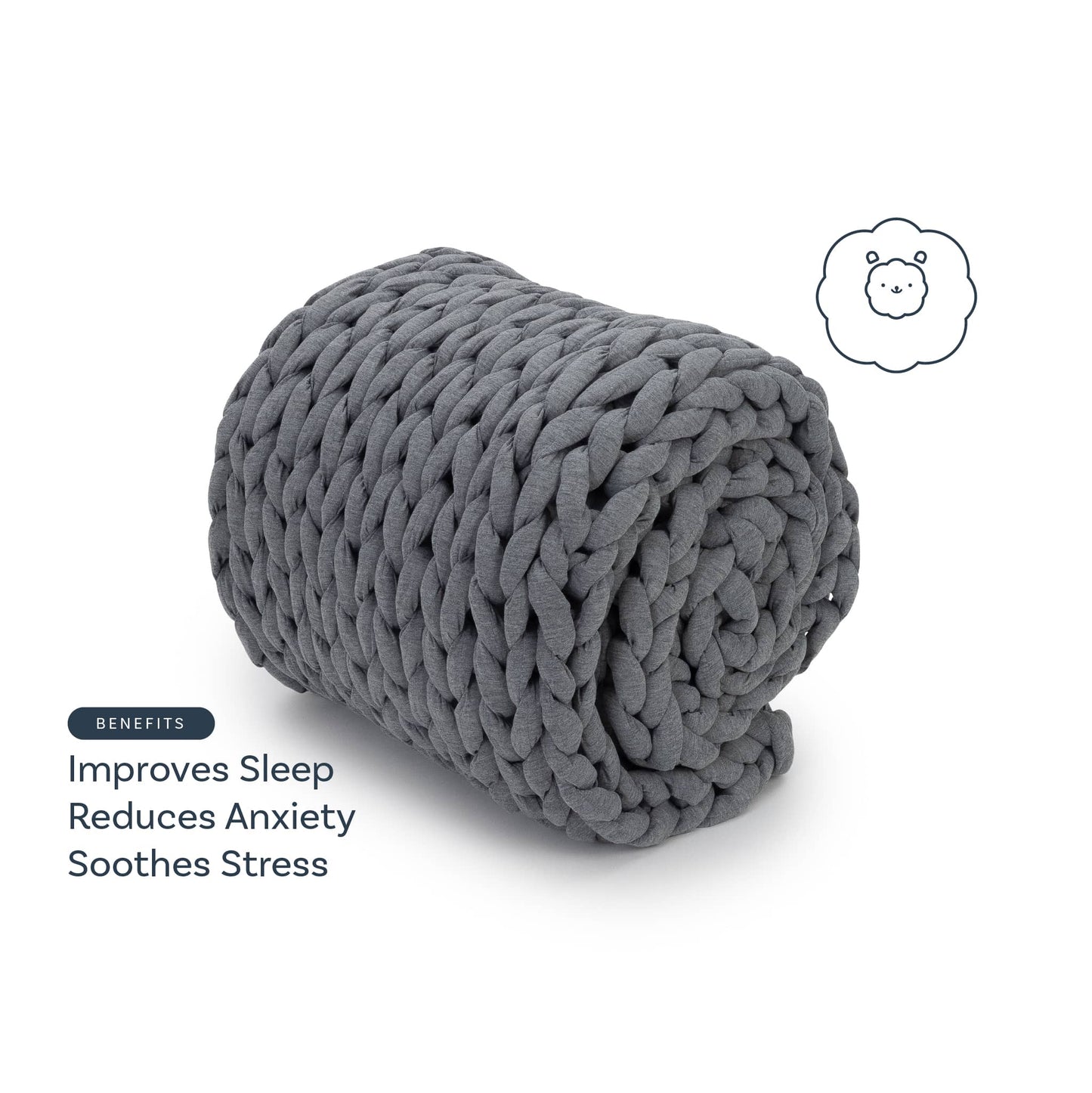 A chunky, dark gray Knit Weighted Blanket is rolled up. Text on the left reads: Improves Sleep, Reduces Anxiety, Soothes Stress. A small bear face icon is next to the blanket.