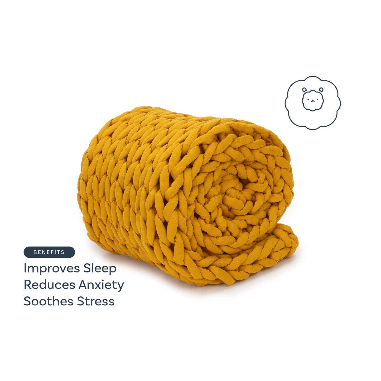 A chunky, mustard yellow Knit Weighted Blanket is rolled up on a white background. Text reads: Improves Sleep, Reduces Anxiety, Soothes Stress. A small bear face outline appears in the corner.