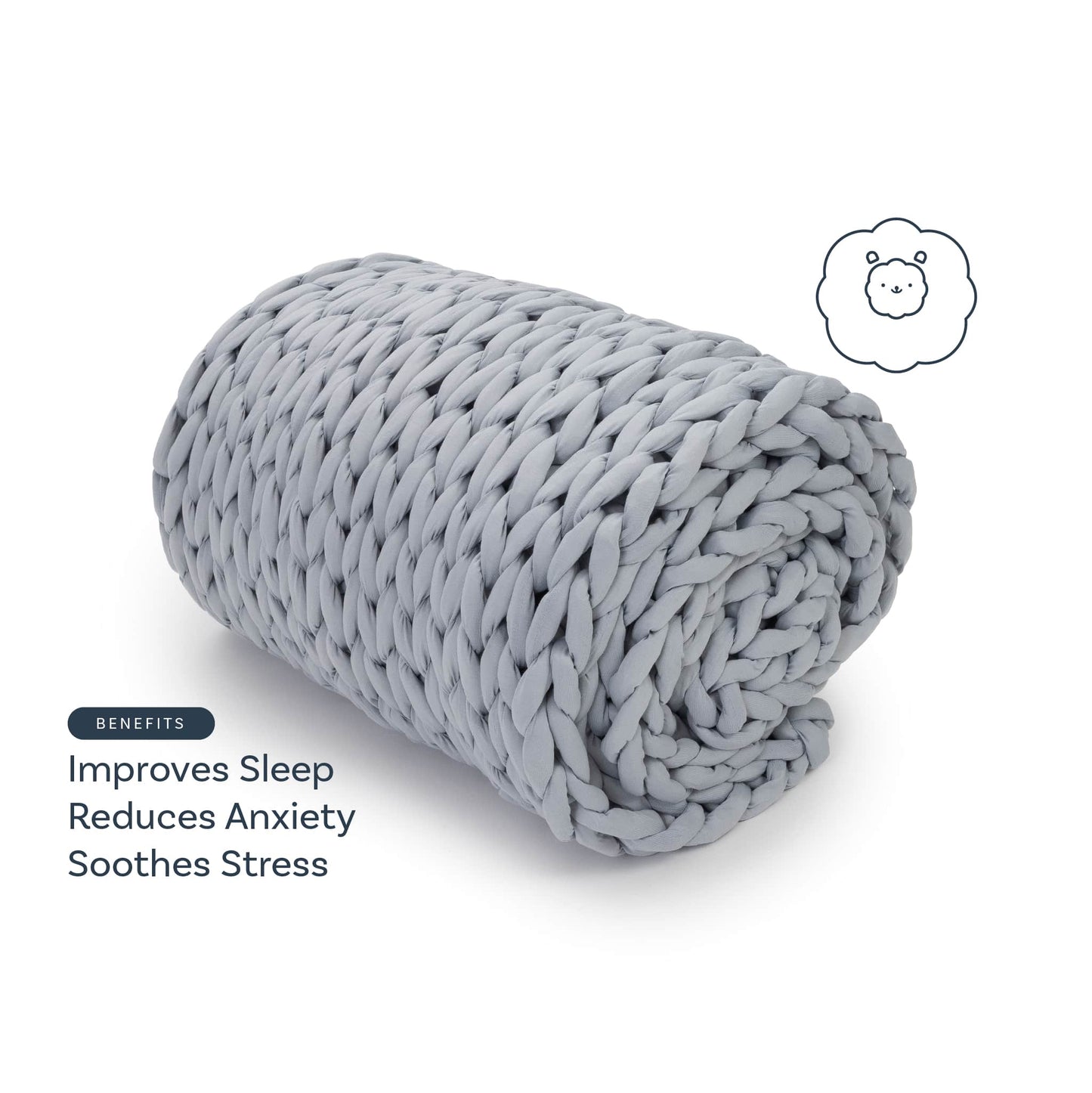 A light gray Knit Weighted Blanket, super soft and rolled up, with text: Benefits: Improves Sleep, Reduces Anxiety, Soothes Stress. Features a simple bear face icon.