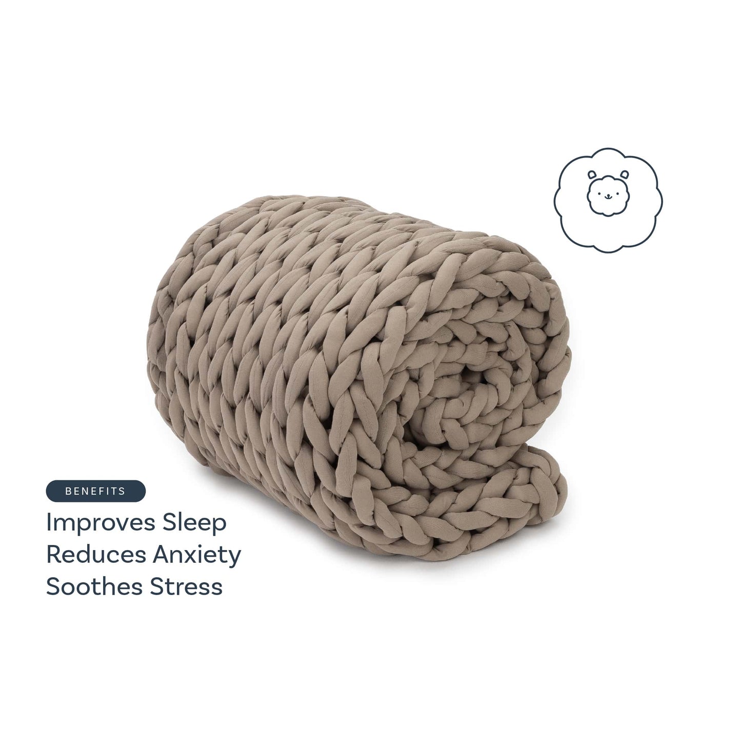 A chunky, beige Knit Weighted Blanket is rolled up, with text stating: Benefits—Improves Sleep, Reduces Anxiety, Soothes Stress. A simple bear face line drawing appears in the top right corner.