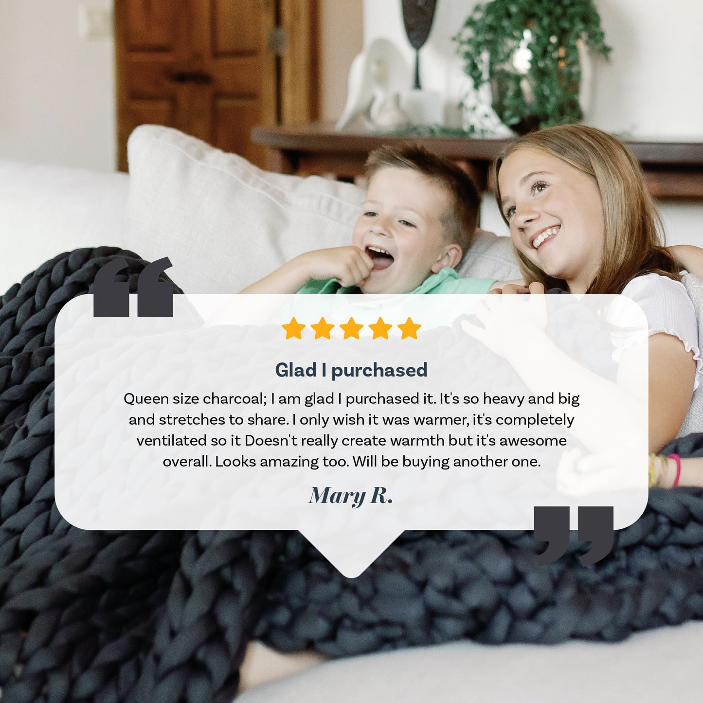 A smiling boy and girl sit on a couch, covered with the Knit Weighted Blanket. A glowing customer review with a 5-star rating and the name Mary R. is shown.