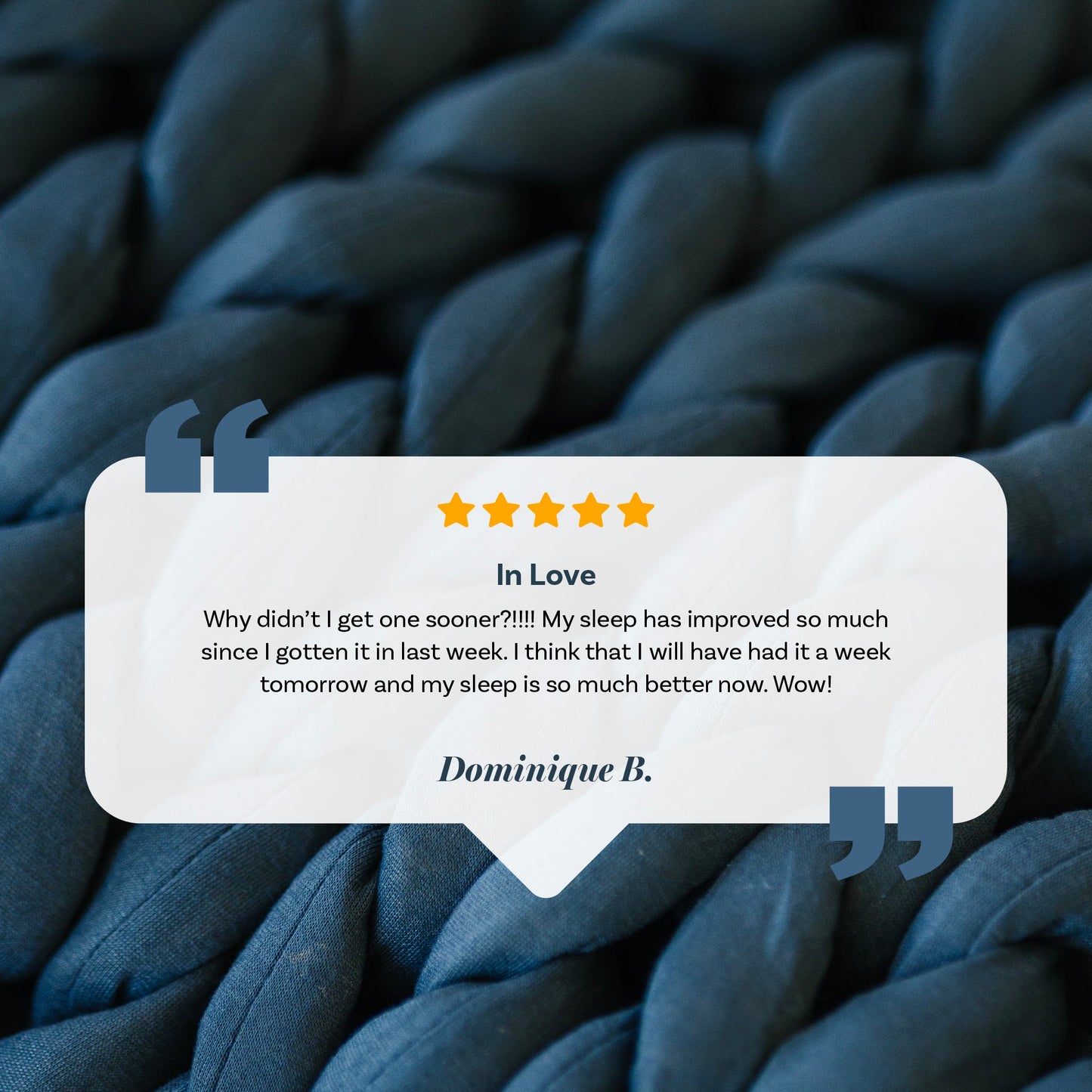 A five-star customer review from Dominique B. is overlaid on the chunky, dark blue Knit Weighted Blanket, stating it greatly improved their sleep.