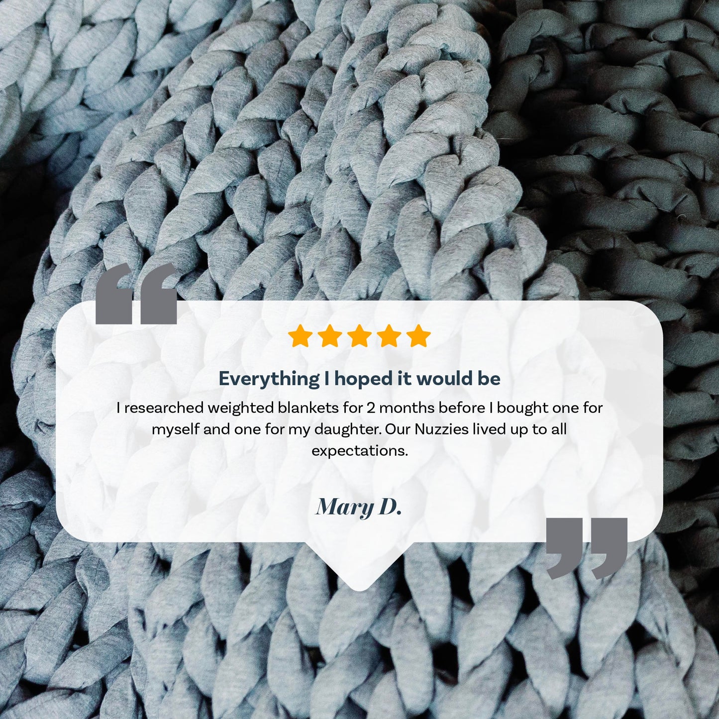 A close-up of thick, braided gray knit forms the background. Overlaid is a five-star review from Mary D., praising the Knit Weighted Blanket for its comfort and quality.