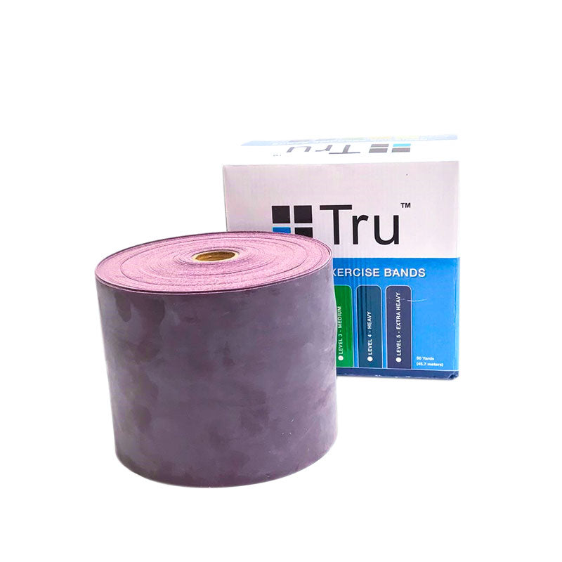A roll of purple, color-coded TruMedical Resistance Band Roll (50 ft) sits in front of its product box.