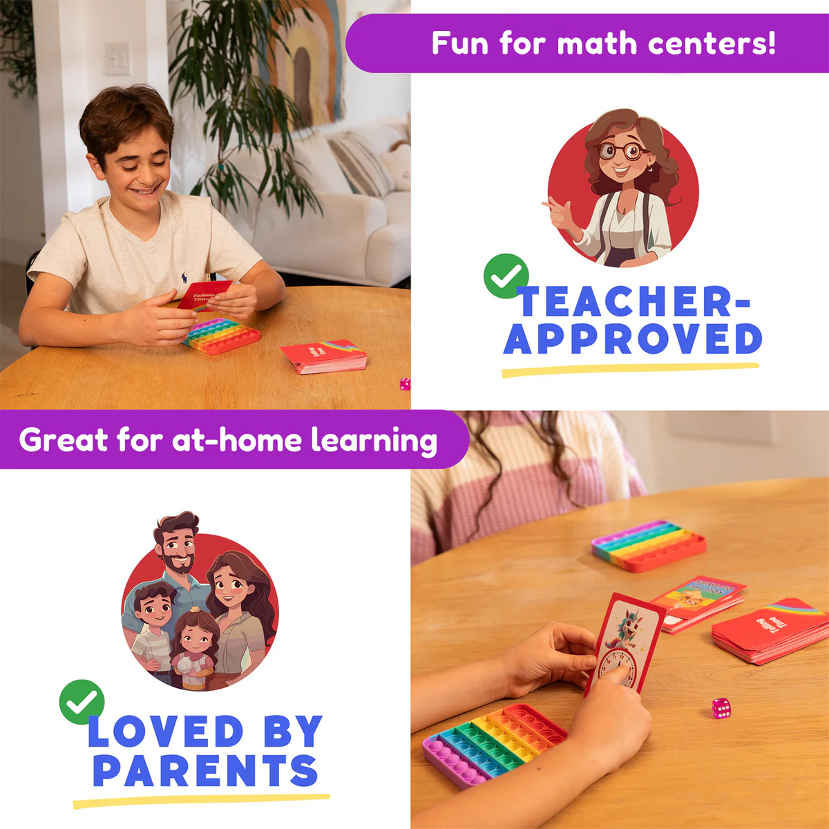 A child plays with the Telling Time Card Pack, using analog clocks and a colorful fidget mat, while graphic labels indicate the learning games are teacher-approved and loved by parents.