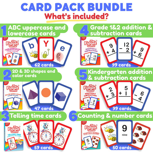 A six-part infographic of the Card Pack Bundle (6 Learning Sets, 416 Cards), displaying educational flashcards for letters, shapes, colors, math, time, and counting, including ABC games and tools for developing preschool math skills.
