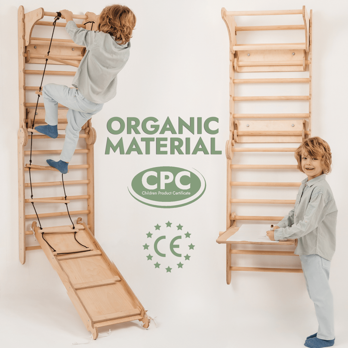 Two young children in light blue pajamas play on the Wooden Swedish Wall Climbing Ladder with Swing Set, Slide Board, and Art Add-on. Text says ORGANIC MATERIAL, CPC, and CE, highlighting safety and certification. Light minimal background.