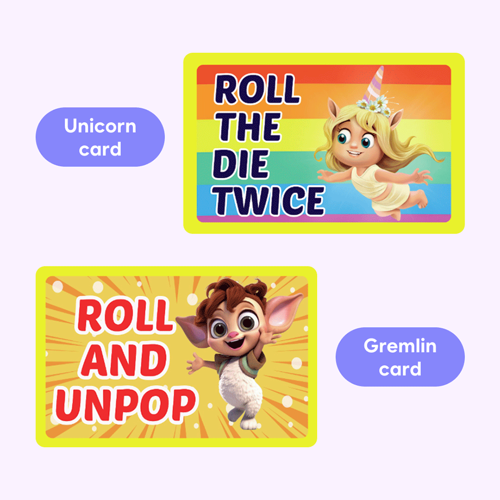 Two rectangular learning game cards from the Ultimate Reading Bundle: one featuring a unicorn and the text ROLL THE DIE TWICE, and one featuring a gremlin and the text ROLL AND UNPOP, designed for early readers.