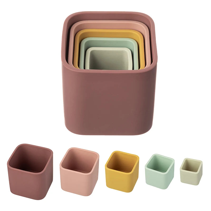 5Pcs/Set Baby Silicone Building Blocks Square Silicone Stacking Cups Bpa-Free Educational Montessori Toys Baby Bath Toys