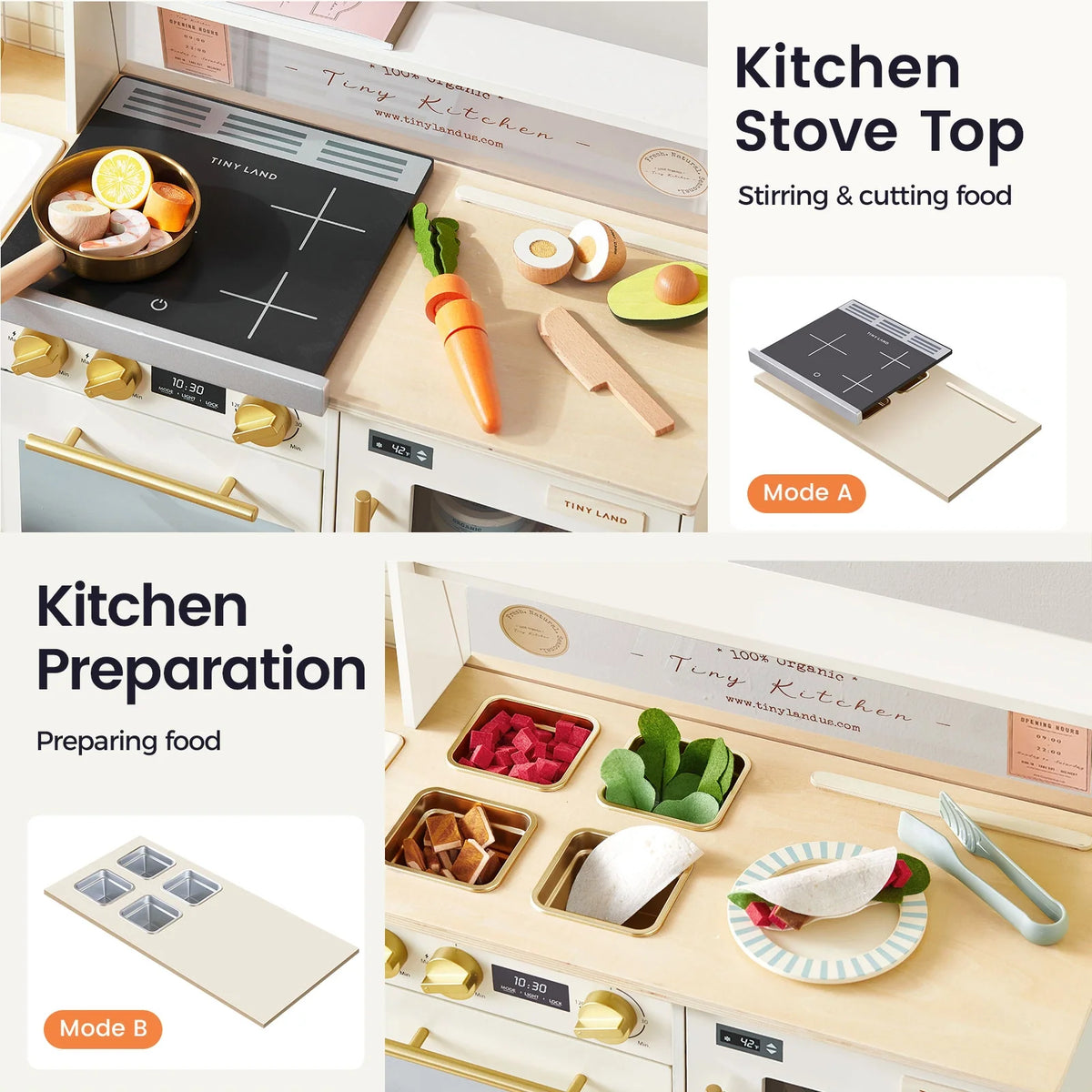 The BistroSwitch 2-in-1 Play Kitchen & Bistro features a reversible stove top and food preparation station with wooden play food, including a pan with shrimp and lemon, sliced vegetables, and a taco for imaginative role-play.