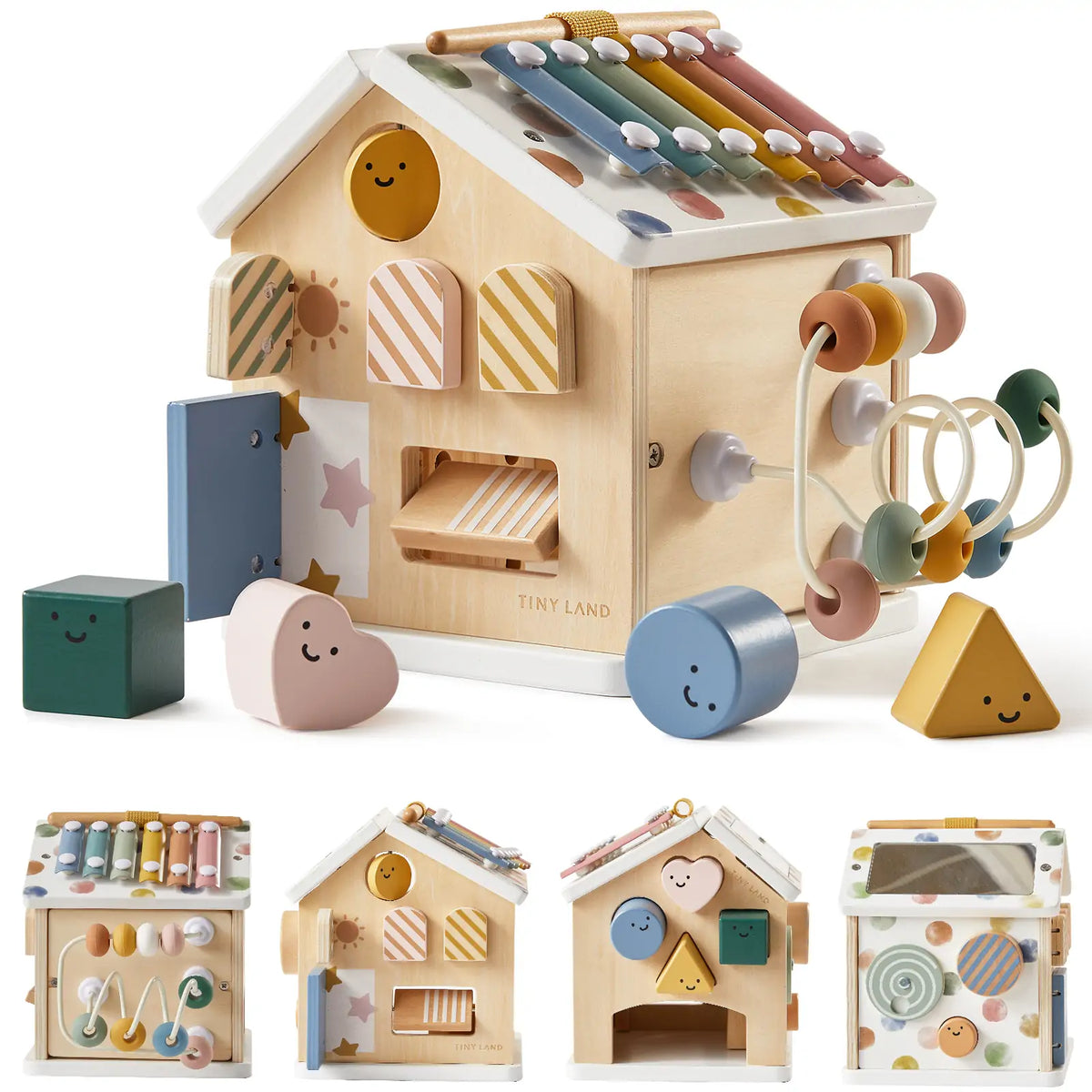 Montessori Cottage Activity Cube – Morandi featuring a xylophone roof, bead maze, doors, and geometric shape sorters with smiling faces designed to develop fine motor skills.