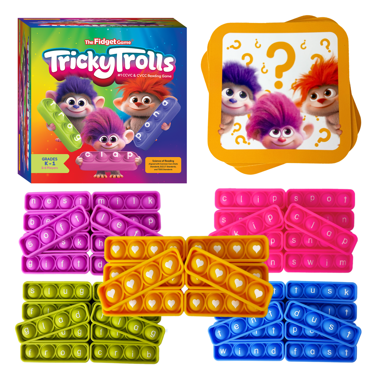 Tricky Trolls Blends Reading Game includes three troll characters and colorful silicone push-pop boards for practicing consonant blends and CVCC words, arranged in groups by color.