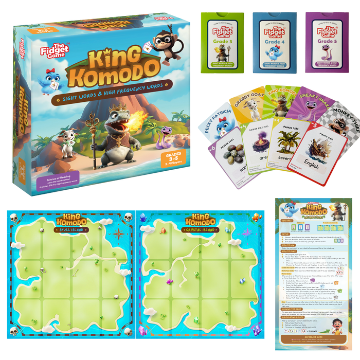 The King Komodo Sight Words Game (Grades 3–5) features three decks of high-frequency words, illustrated character cards, two foldable game board maps, and an instruction sheet to support reading fluency.