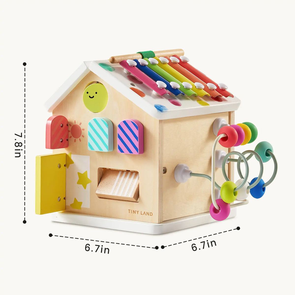 Montessori Cottage Activity Cube – Rainbow shaped like a house, featuring a xylophone roof, bead maze, and interactive doors and windows, labeled with its dimensions to help develop fine motor skills.