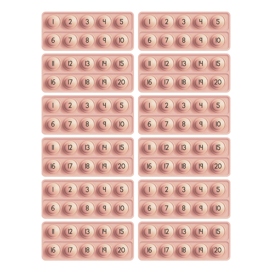 A set of 12 10 Frame Fidgets arranged in a grid, each with two rows of five circular push-buttons numbered one through ten or eleven through twenty to support number sense.