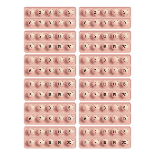 A set of 12 10 Frame Fidgets arranged in a grid, each with two rows of five circular push-buttons numbered one through ten or eleven through twenty to support number sense.