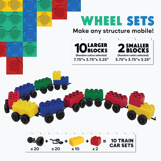 The Jumbo Building Blocks - 10 Car Kits - Bullet Train Set includes 10 large and 2 small blocks to build mobile, multi-colored train cars—ideal STEM toys for creative play and learning.