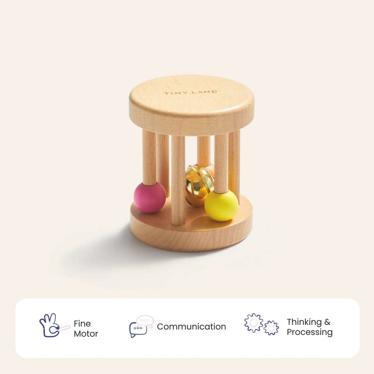 The Tiny Land® Montessori Toys for Newborns (0–3 Months) is a wooden cylindrical toy with vertical rods and vibrant beads inside—ideal for sensory play. It supports fine motor, communication, and cognitive development in babies.