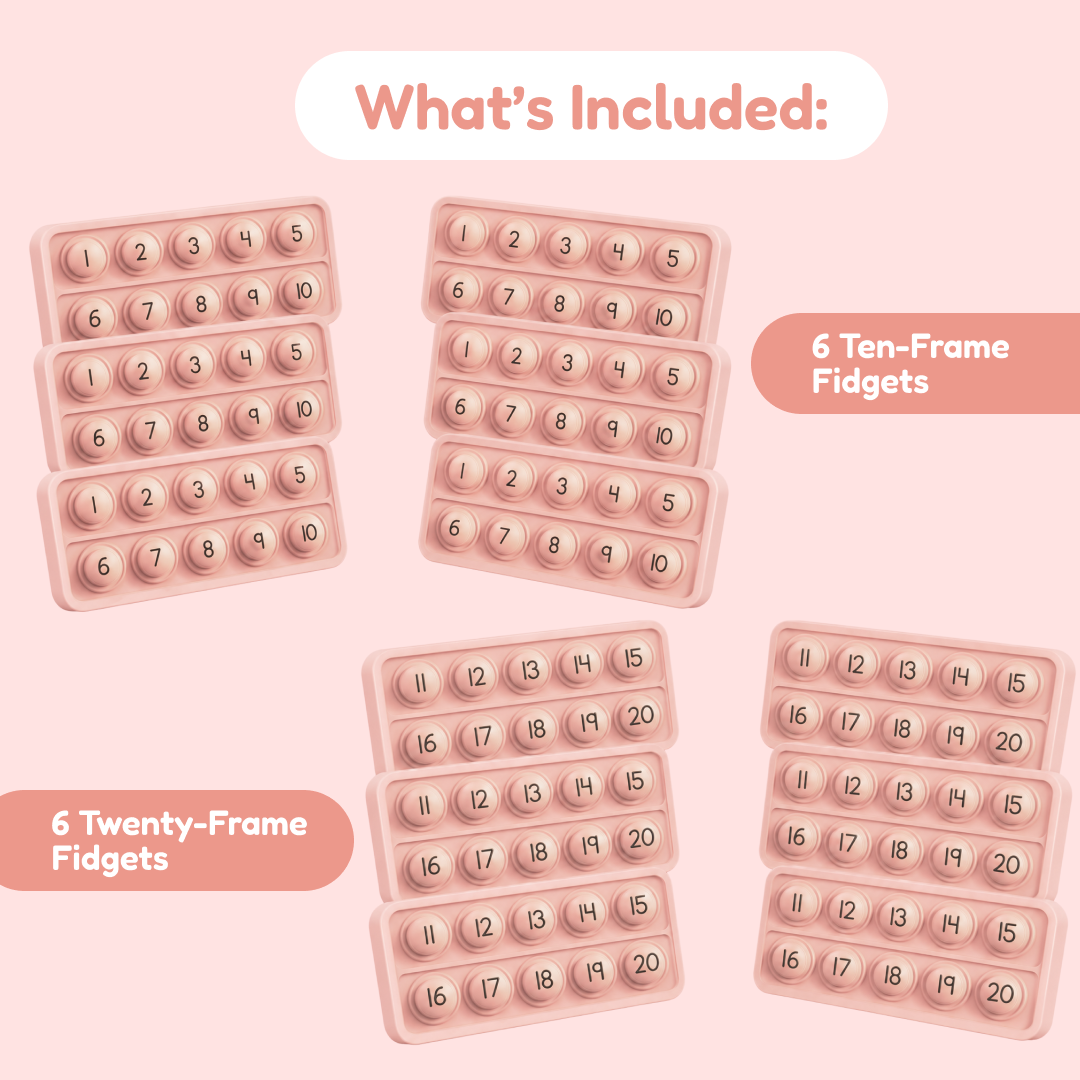 10 Frame Fidgets (Set of 12) featuring six pink ten-frame fidgets labeled one through ten and six pink twenty-frame fidgets labeled eleven through twenty for building number sense.