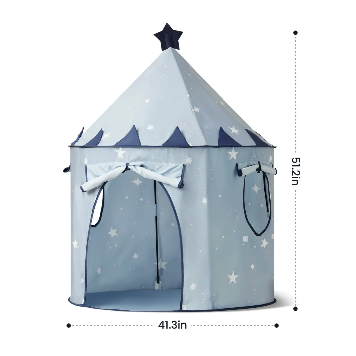 Starry Indoor Play Tent for Toddlers: a light blue, star-patterned conical clubhouse with a dark blue star topper, measuring 41.3 inches wide and 51.2 inches tall.